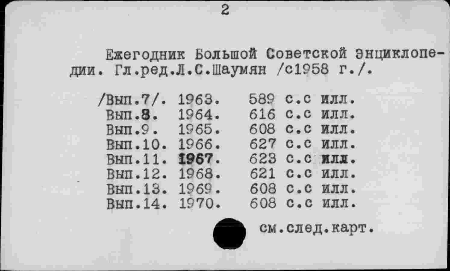 ﻿2
Ежегодник Большой Советской энциклопе дии. Гл.ред.Л.С.Шаумян /С1958 г./.
/ВЫЛ.7/.	1963.	589	С.С ИЛЛ.
Вып.З.	1964.	616	с.с ИЛЛ.
Выл.9.	1965.	608	С.С ИЛЛ.
Выл.10.	1966.	627	С.С ИЛЛ.
Выл.11.	1967.	623	С.С ИЛЛ.
Выл.12.	1968.	621	С.С ИЛЛ.
ВЫЛ.13.	1969.	608	С.С ИЛЛ.
Выл.14.	1970.	608	С.С ИЛЛ.
см.след.карт.